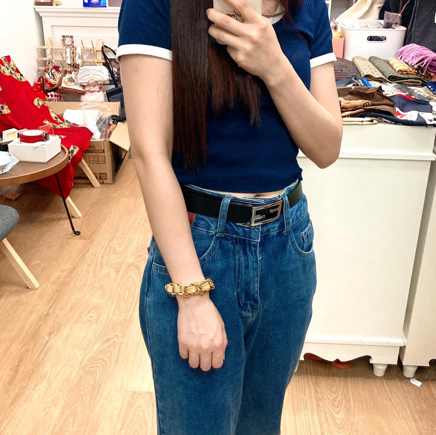 Chanel Lambskin Leather & Gold Chain Bracelet (Beige) 經典金鏈羊皮手帶