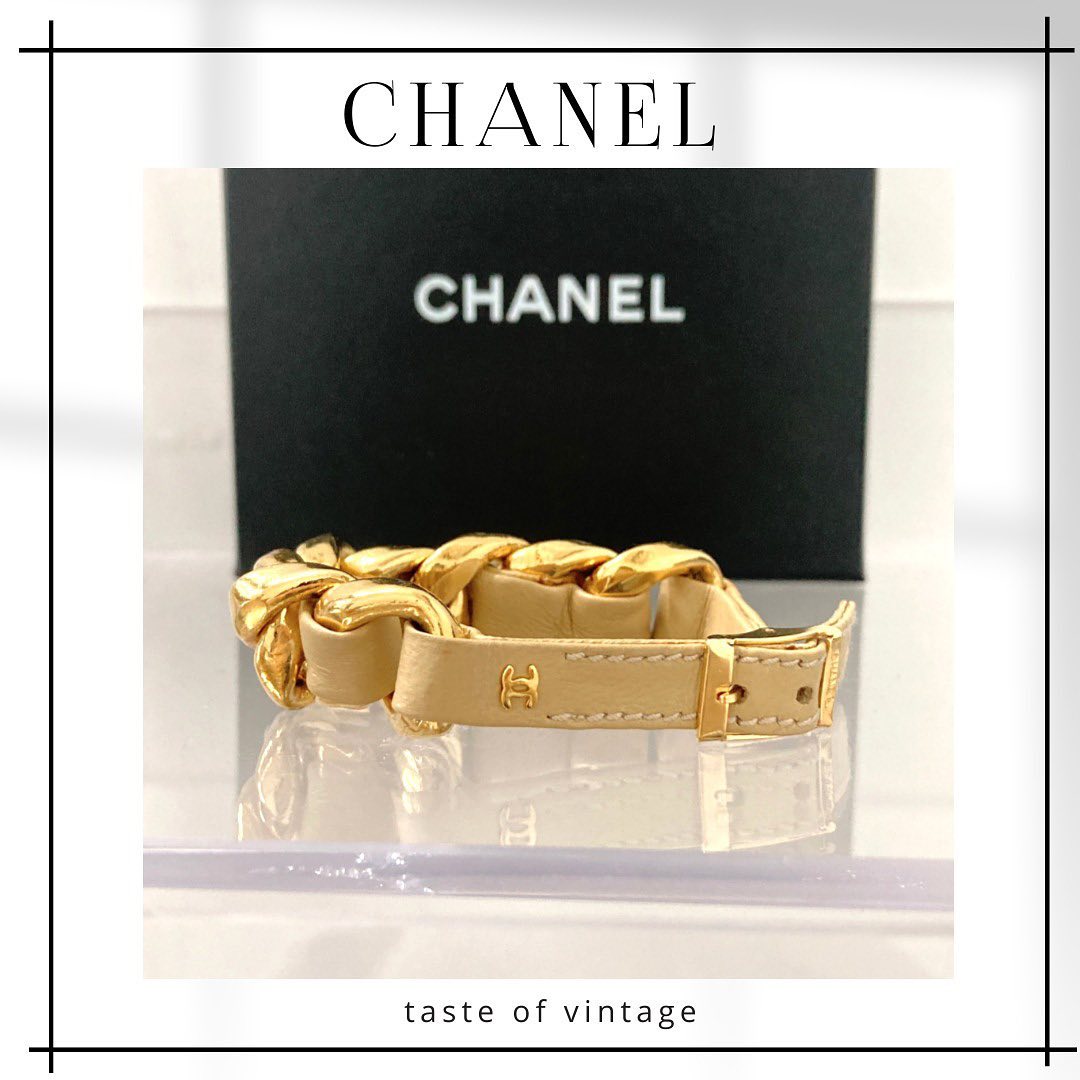 Chanel Lambskin Leather &amp; Gold Chain Bracelet (Beige) 經典金鏈羊皮手帶