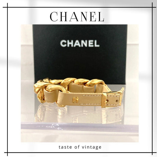 Chanel Lambskin Leather &amp; Gold Chain Bracelet (Beige) 經典金鏈羊皮手帶