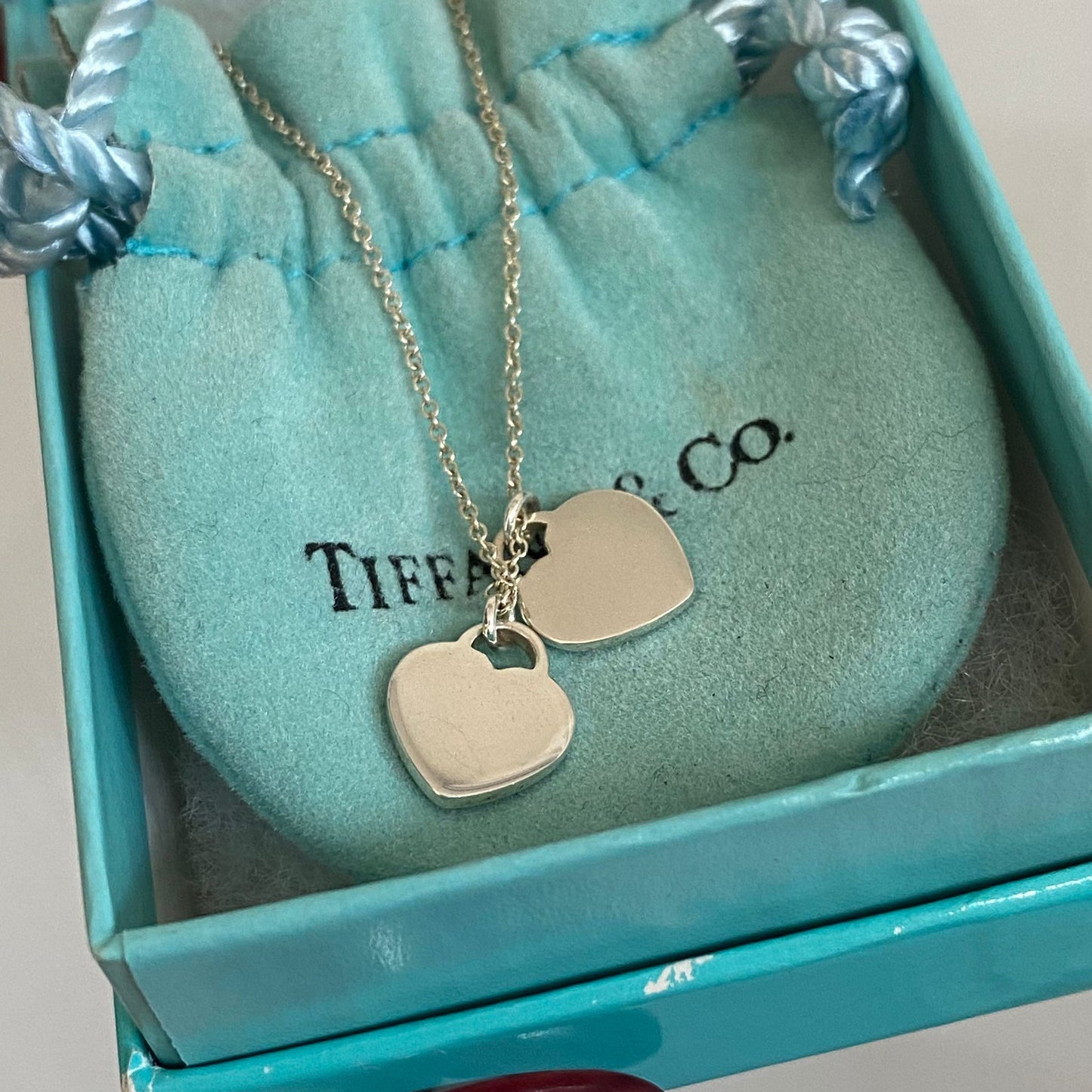 Tiffany迷你雙心心頸鏈 藍色 有盒有塵袋