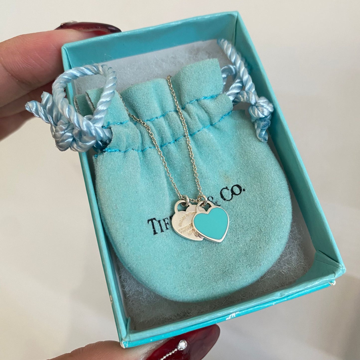 Tiffany迷你雙心心頸鏈 藍色 有盒有塵袋