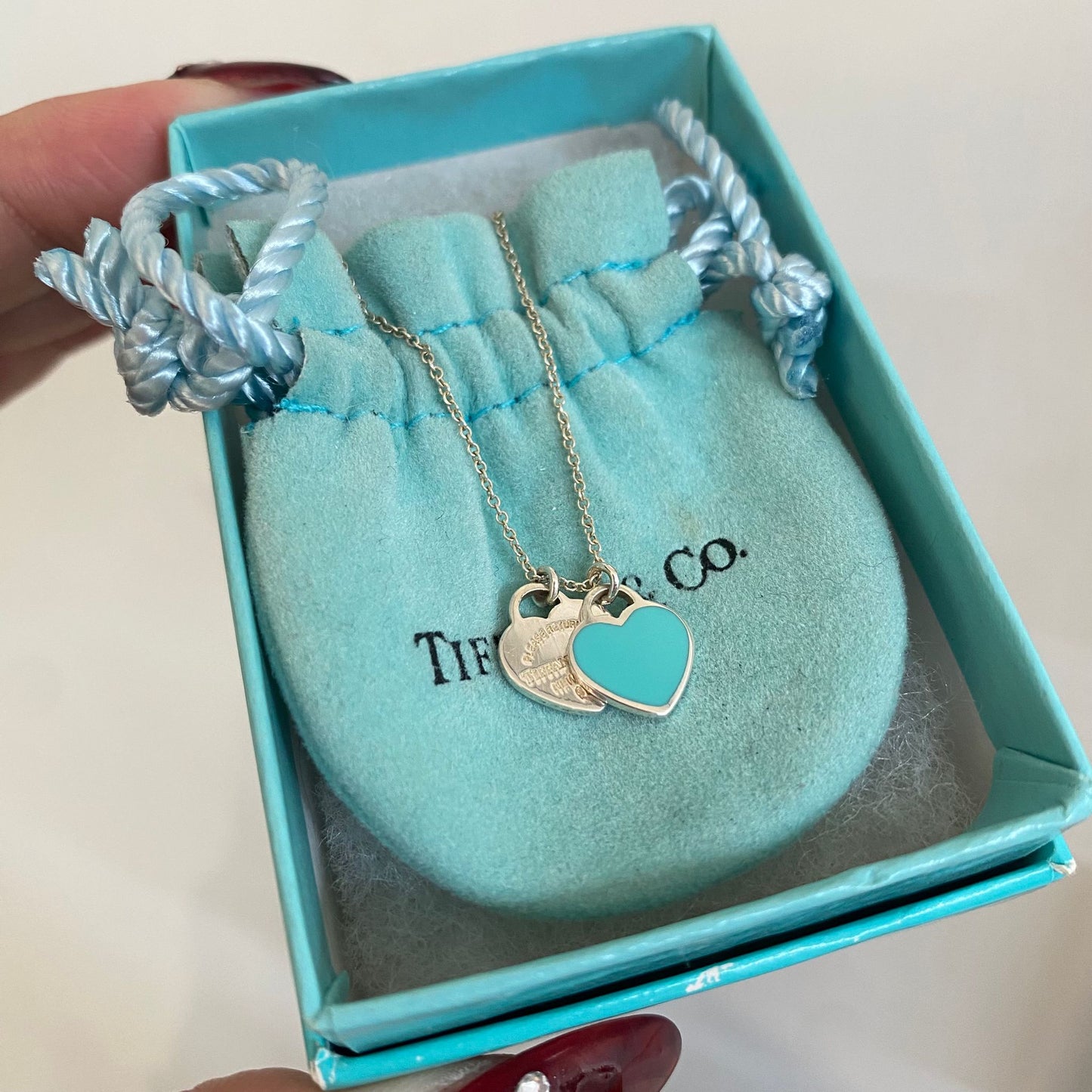 Tiffany迷你雙心心頸鏈 藍色 有盒有塵袋