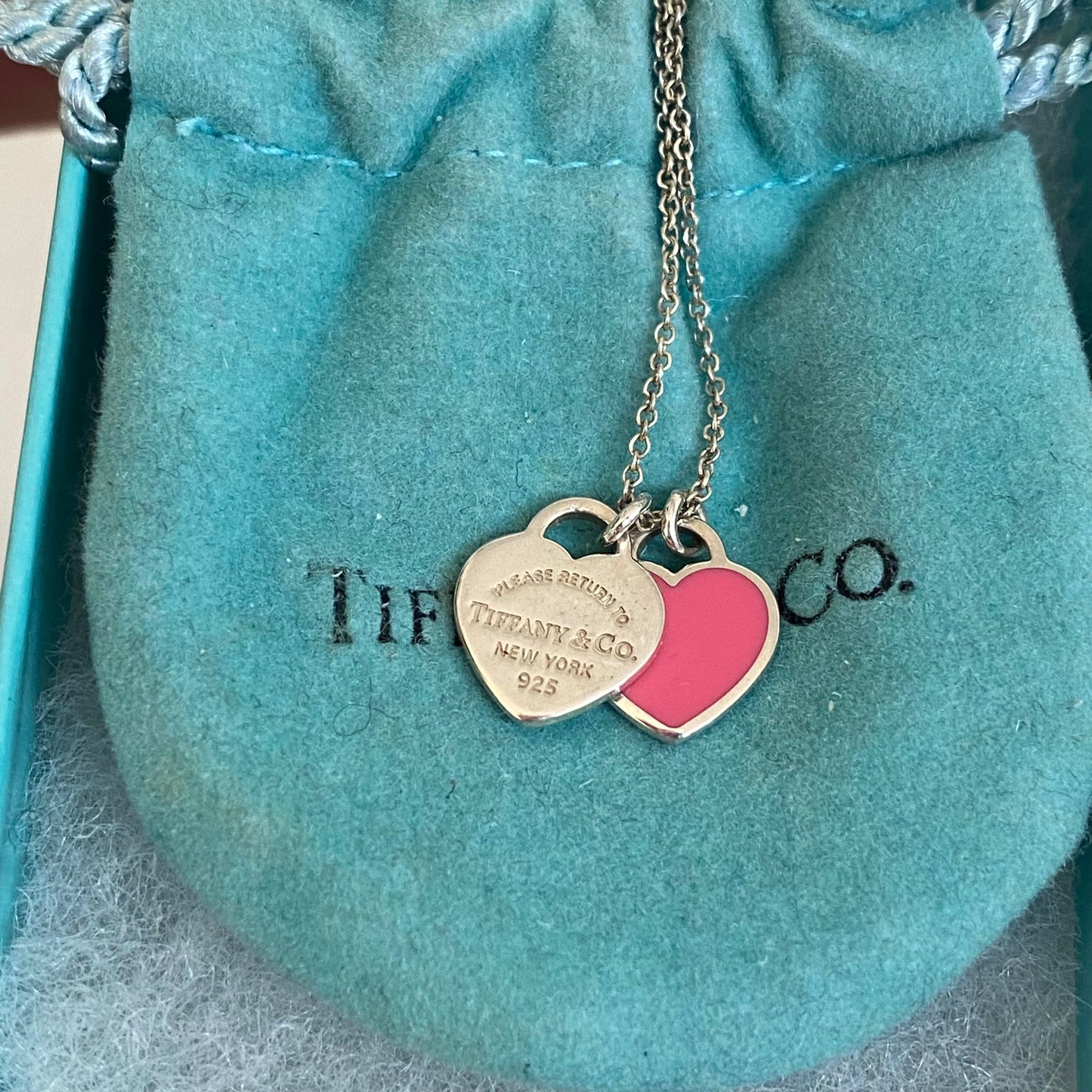 Tiffany迷你雙心心頸鏈 粉紅 有盒有塵袋