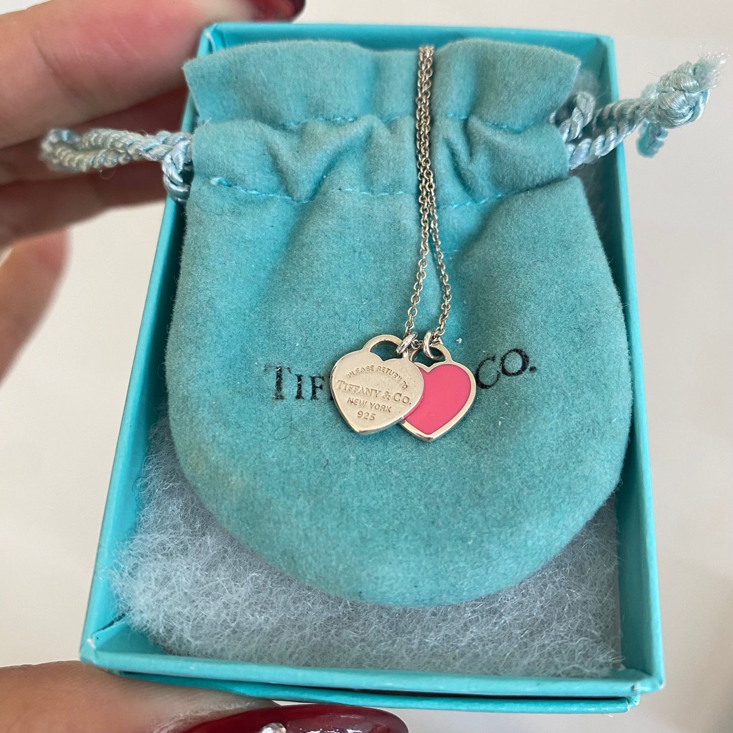 Tiffany迷你雙心心頸鏈 粉紅 有盒有塵袋