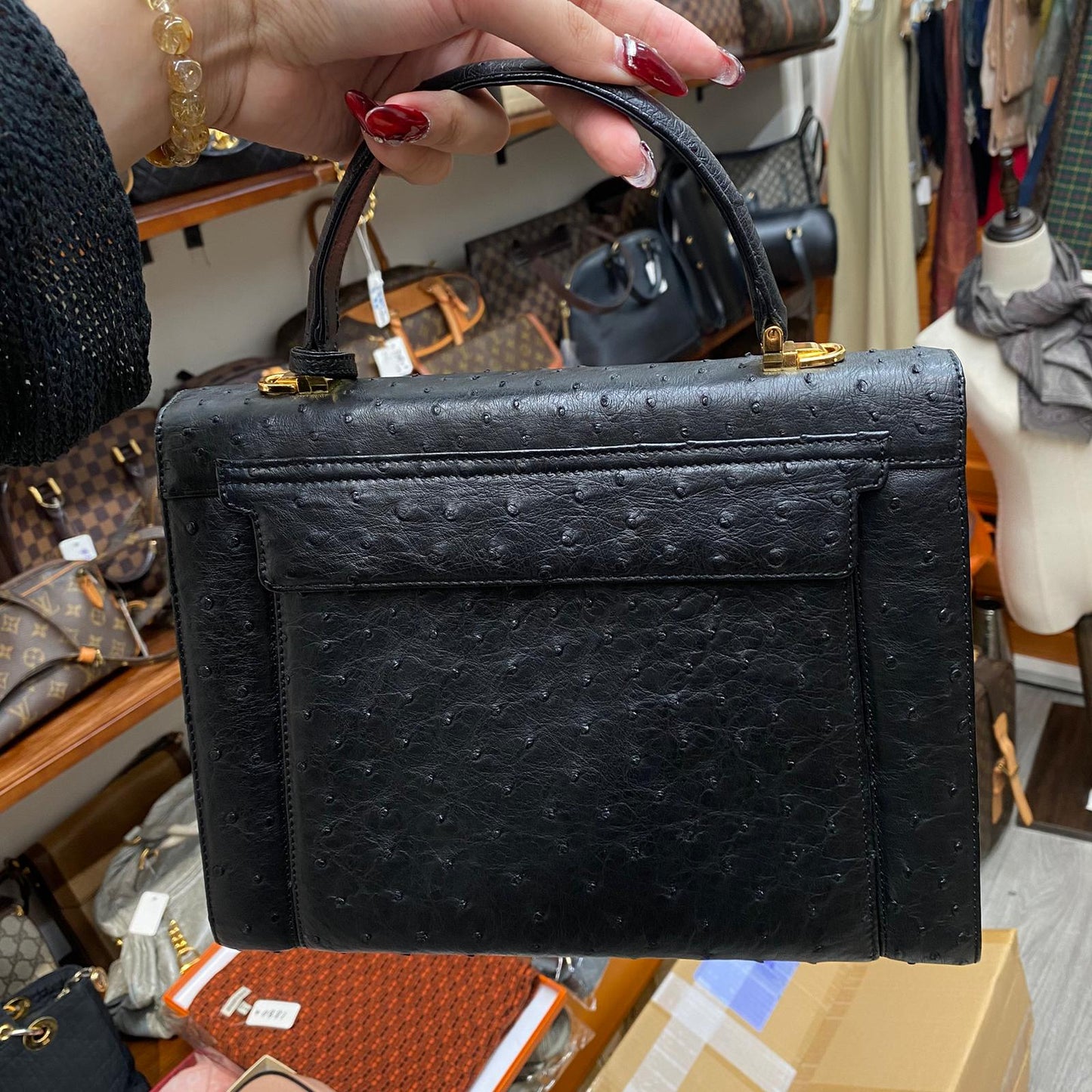 HIGH CLASS 鴕鳥皮 Kelly 黑色