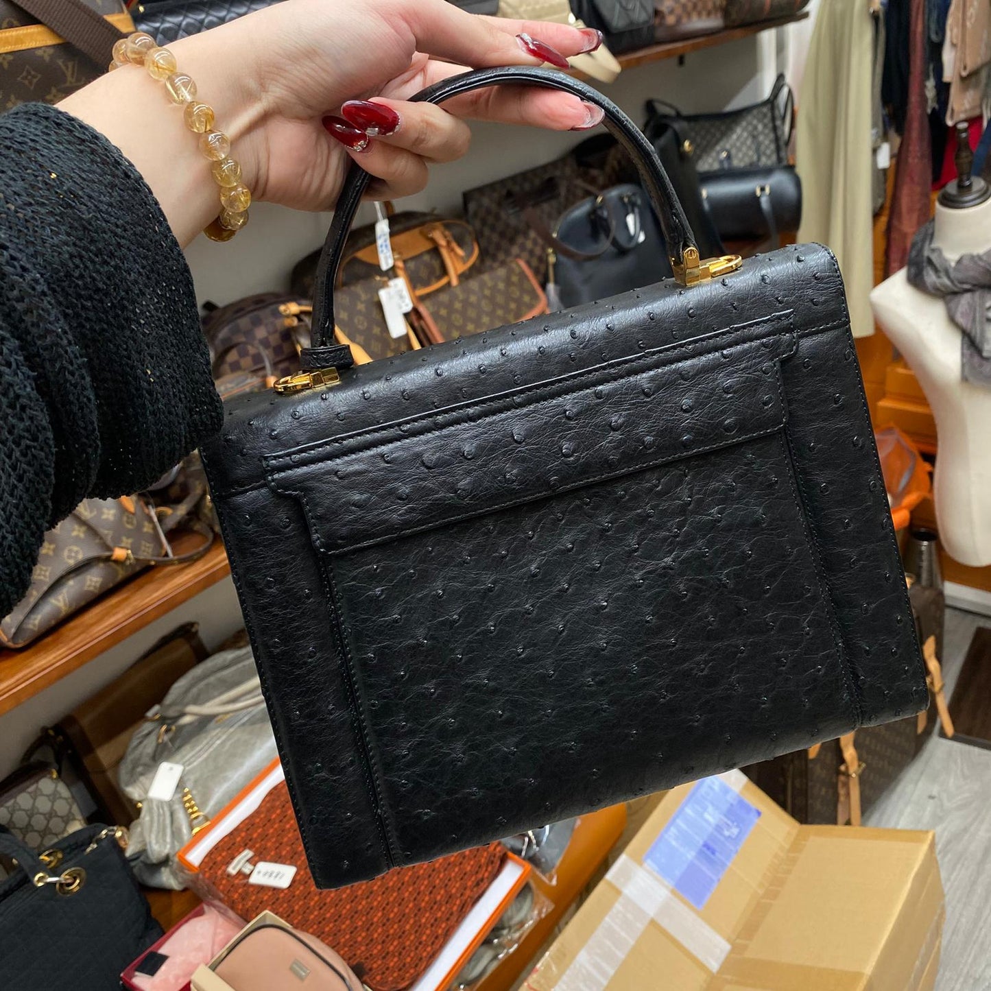 HIGH CLASS 鴕鳥皮 Kelly 黑色