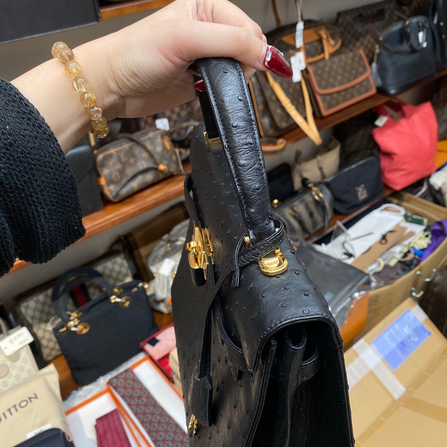 HIGH CLASS 鴕鳥皮 Kelly 黑色