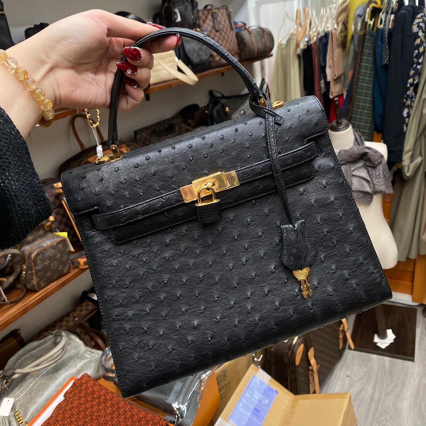 HIGH CLASS 鴕鳥皮 Kelly 黑色