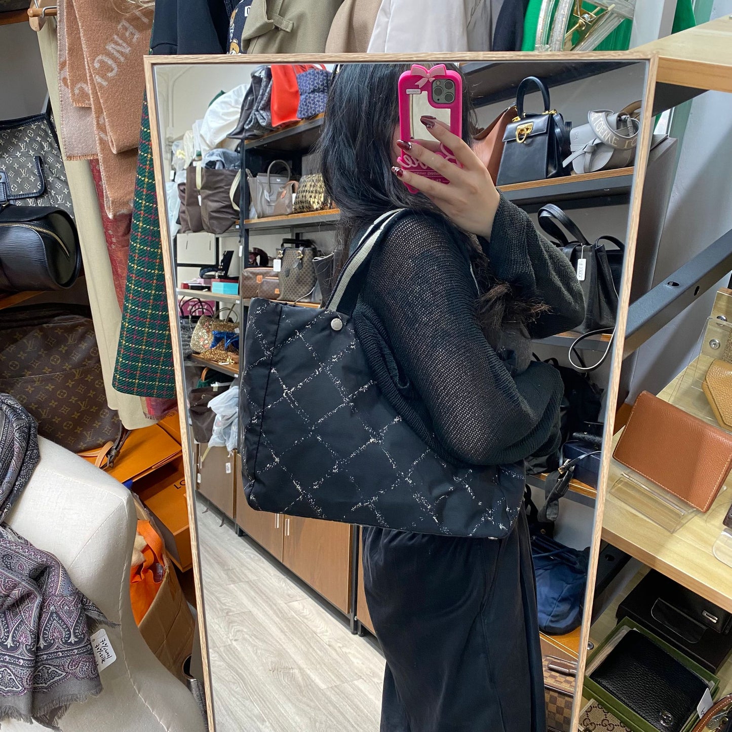 CHANEL Tote 黑白菱格 有貼