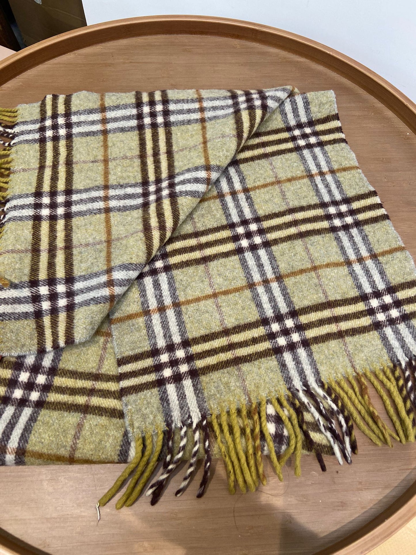 Burberry 灰綠色 格仔羊絨圍巾