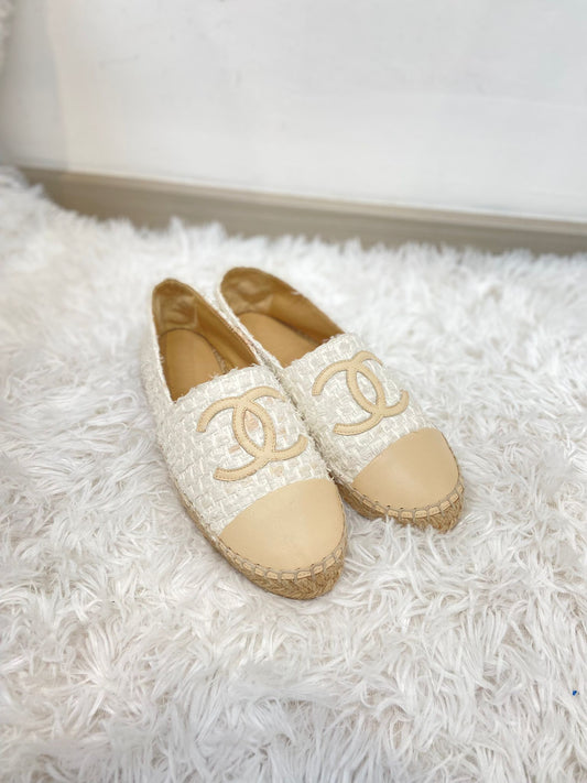 Chanel 米色羊皮拼tweed 草鞋