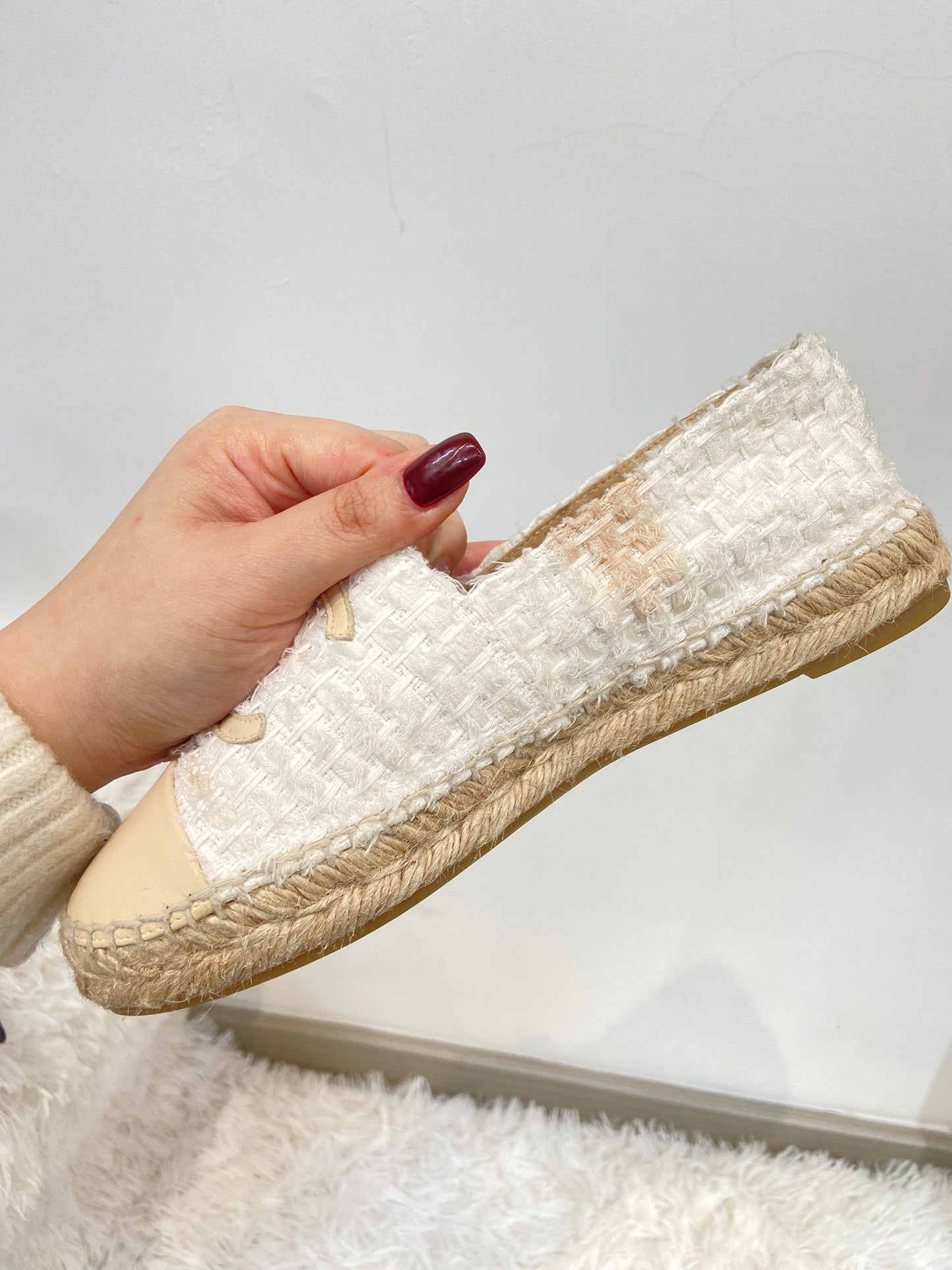 Chanel 米色羊皮拼tweed 草鞋