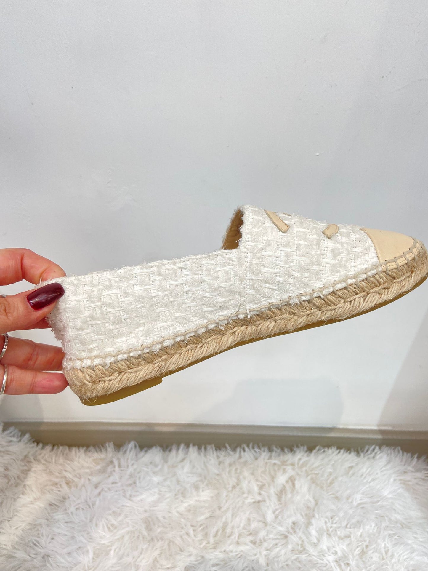 Chanel 米色羊皮拼tweed 草鞋