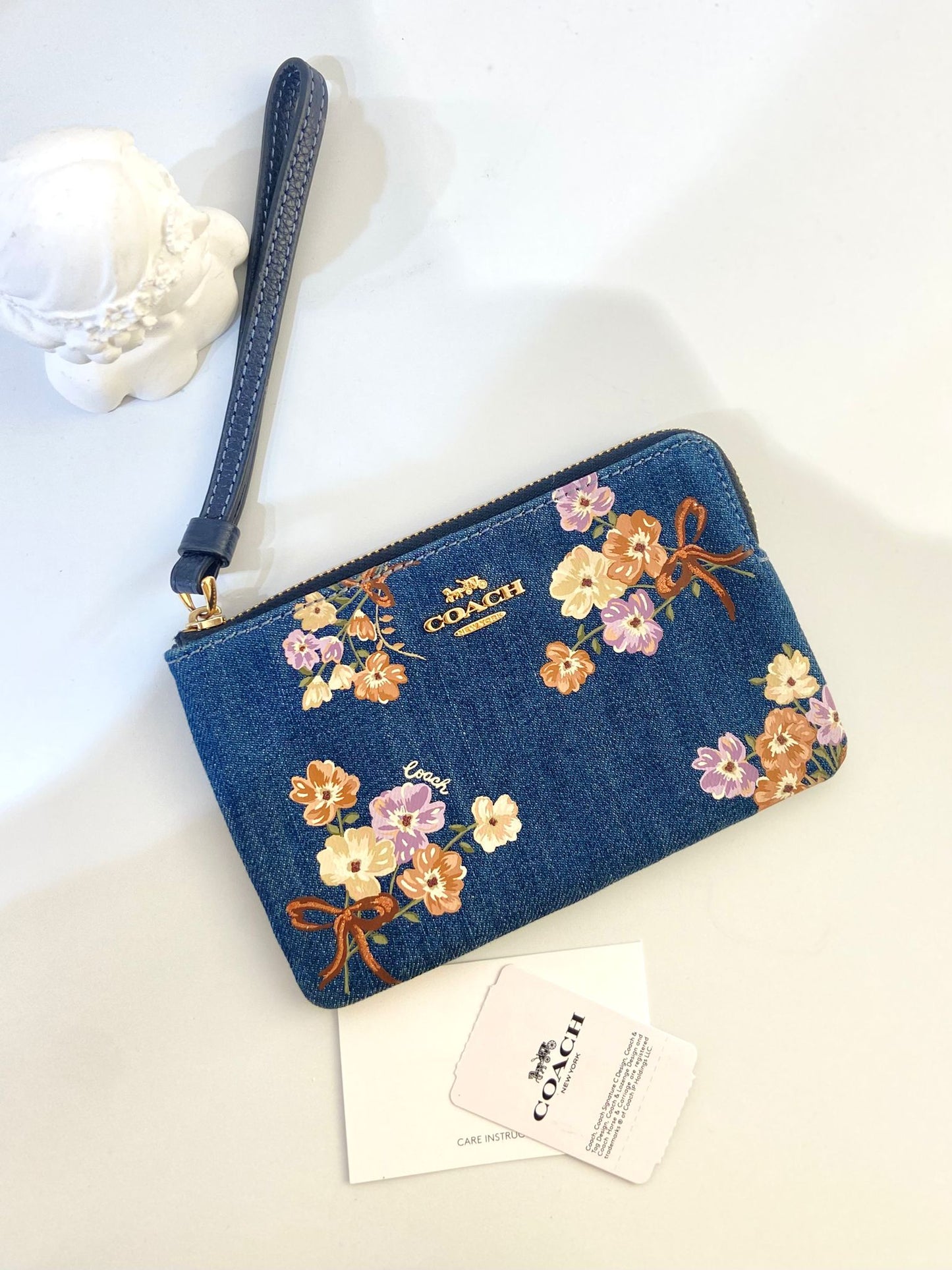Coach Denim Double Zip Wristlet with Painted Floral Print
