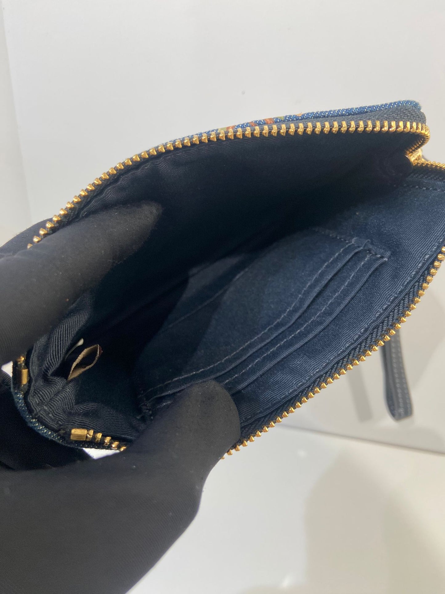 Coach Denim Double Zip Wristlet with Painted Floral Print