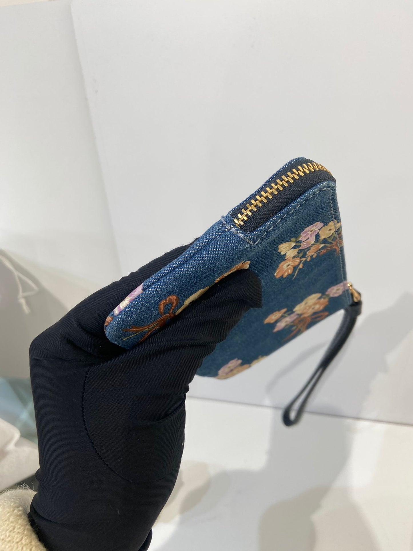 Coach Denim Double Zip Wristlet with Painted Floral Print
