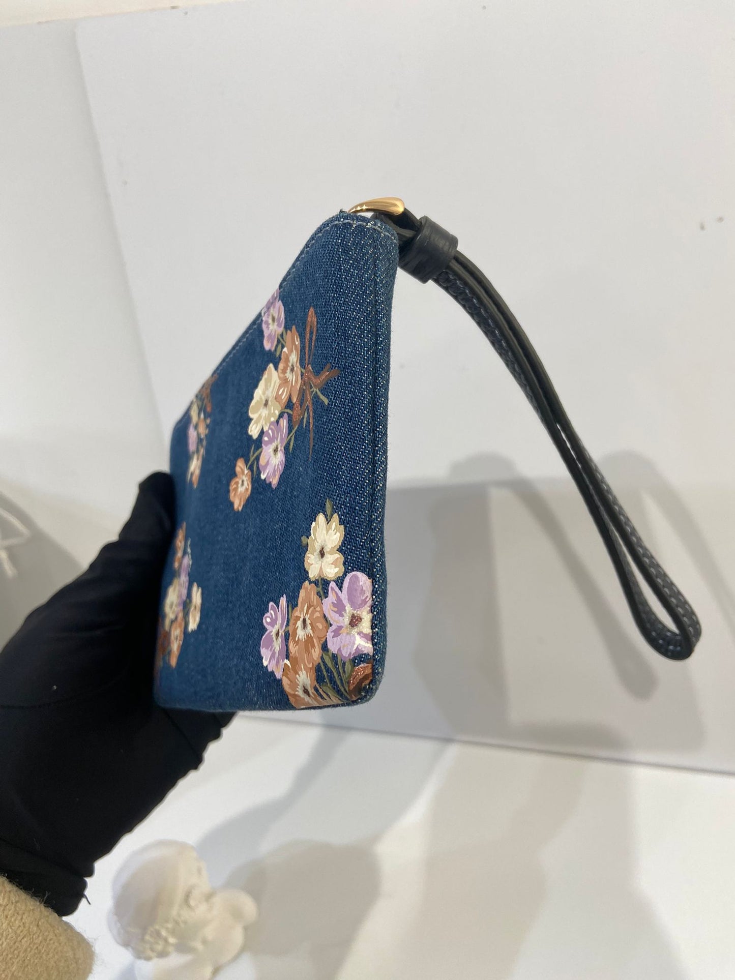 Coach Denim Double Zip Wristlet with Painted Floral Print
