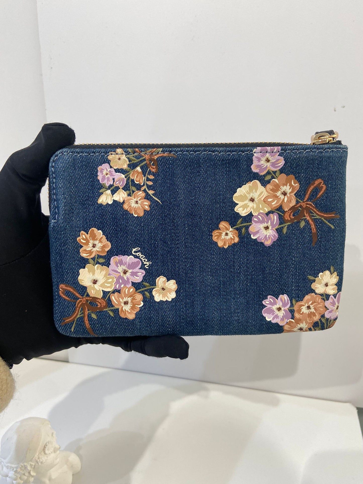 Coach Denim Double Zip Wristlet with Painted Floral Print