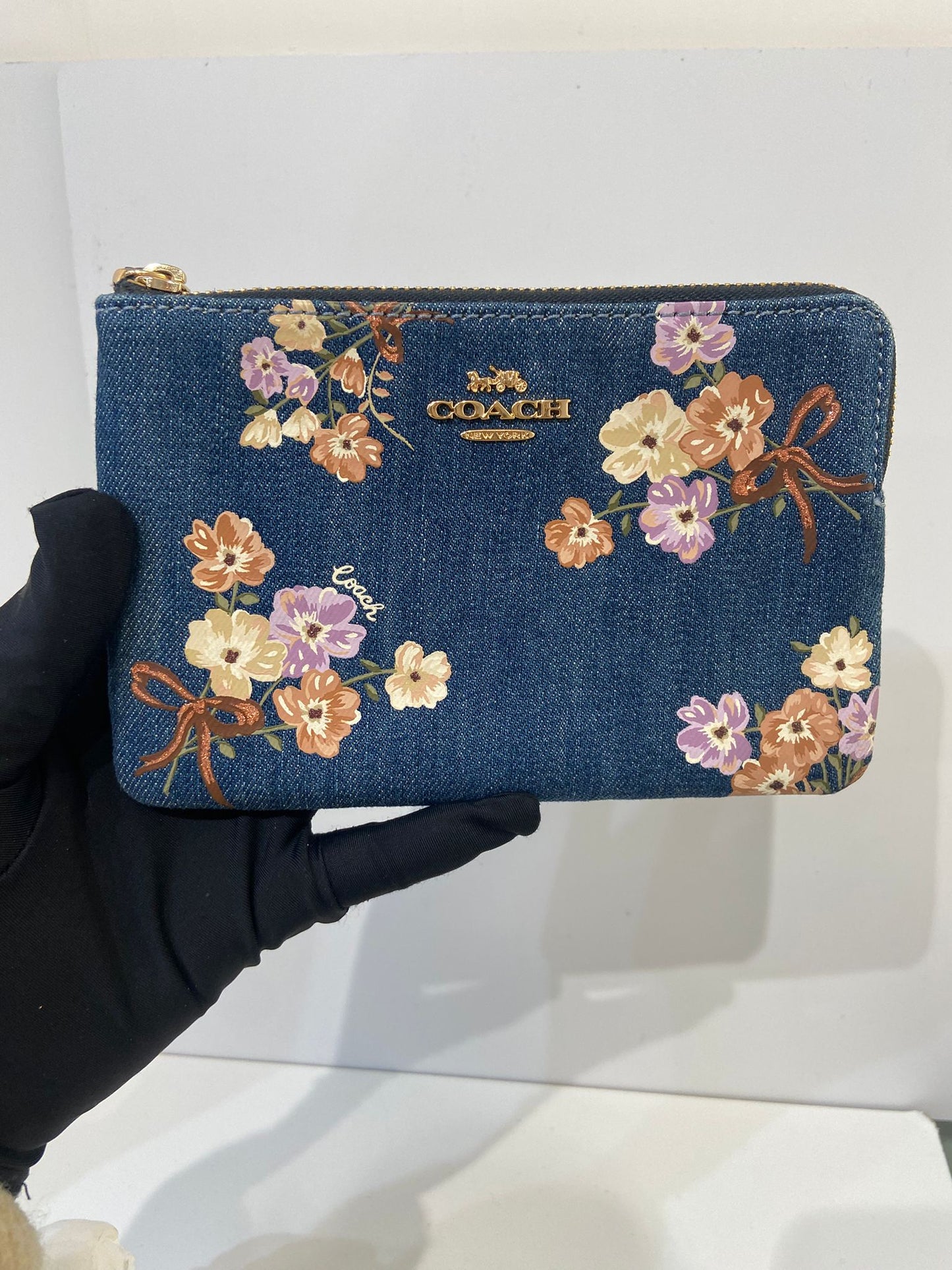 Coach Denim Double Zip Wristlet with Painted Floral Print
