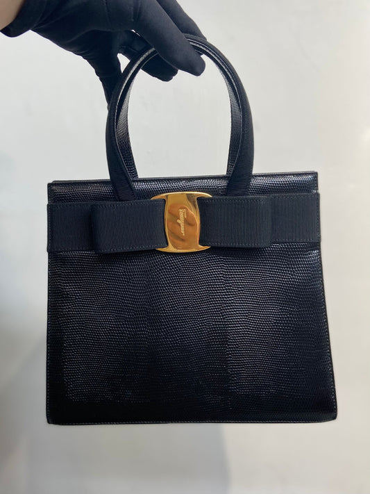 Ferragamo 蜥蜴皮黑色手挽袋