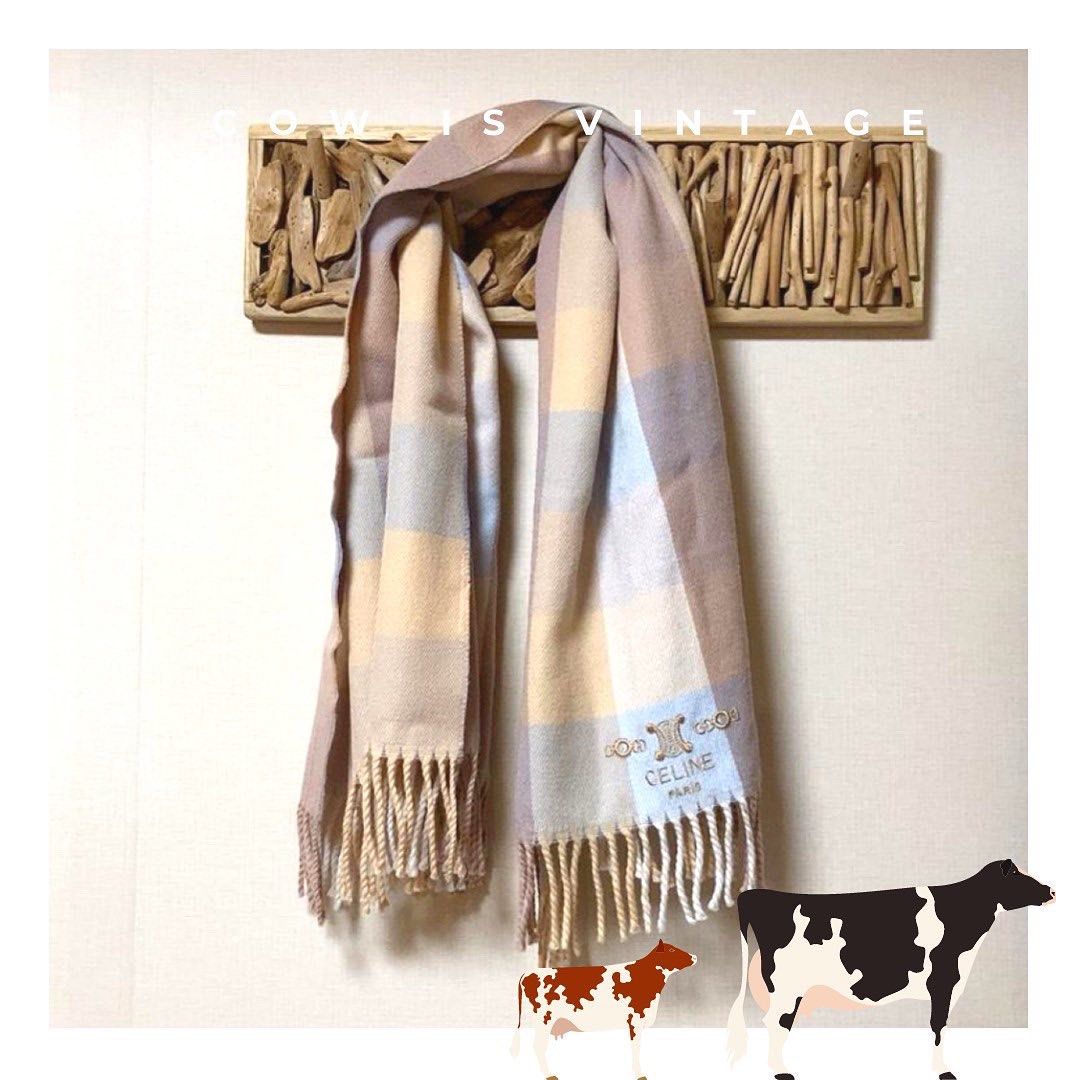 Celine 100% Wool Vintage Scarf 粉色格子羊毛頸巾